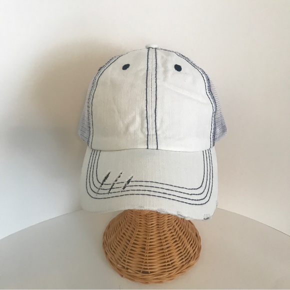 Distressed Canvas, Mesh Back Ponytail Hat Adjustable White Ball Cap New! - Picture 8 of 9